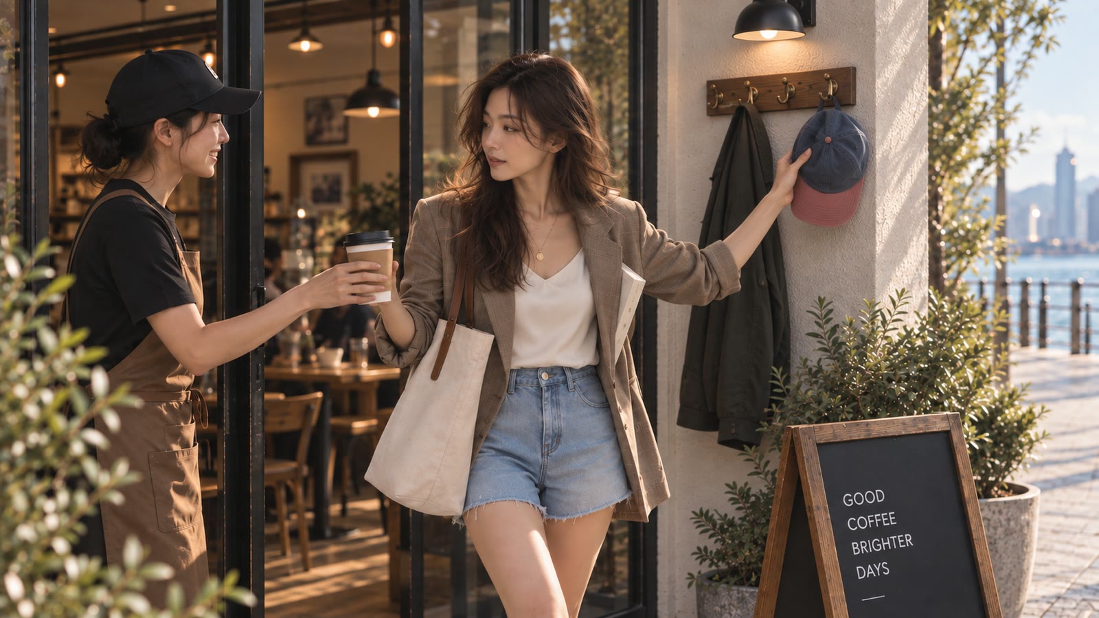 AI-generated woman taking the blue and muted rose Zhong Yong cap concept while leaving a café