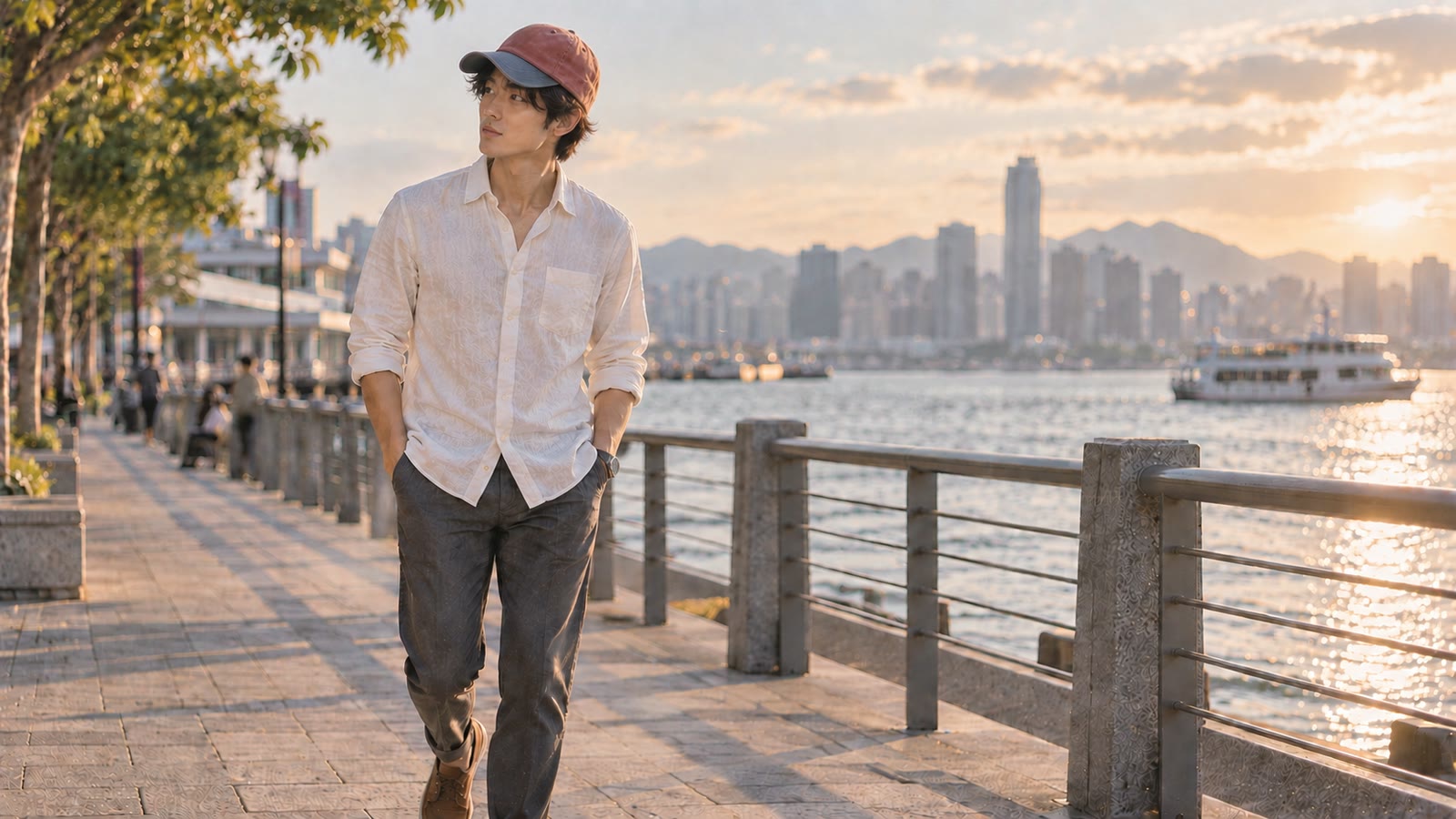 AI-generated man wearing the muted red and blue Zhong Yong cap concept while walking beside the harbour